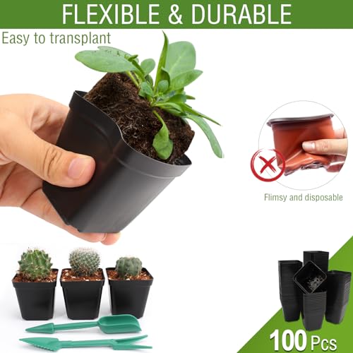 100 Pcs 2.6" Square Nursery Pots for Seeds - Thickened Reusable Plastic Seedling Pots with 60 Plant Labels & Tools - Seed Starter Pots with Drainage for Succulents, Flowers, Cuttings & Greenhouse