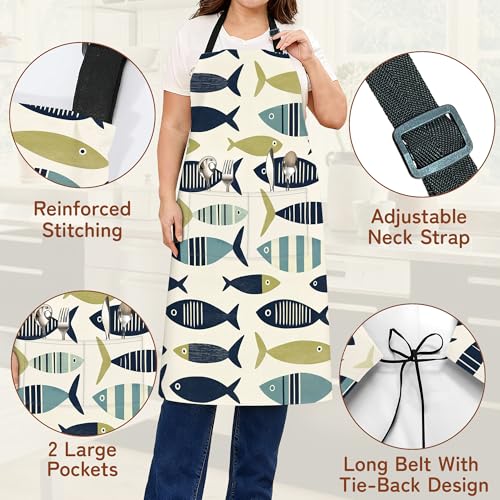 Apron with Pockets for Women, Adjustable Kitchen Cooking BBQ Chef Apron, Gifts for Mom Birthday, or Holidays - color: Cute Fish Boho