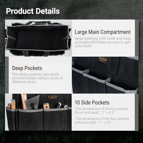 Waxed Canvas Tote Bag, Heavy Duty Multi-Purpose Canvas Tool Bag with 10 Pockets for Screwdrivers/Wrench/Pliers/Electricians Storage, Black - color: Black