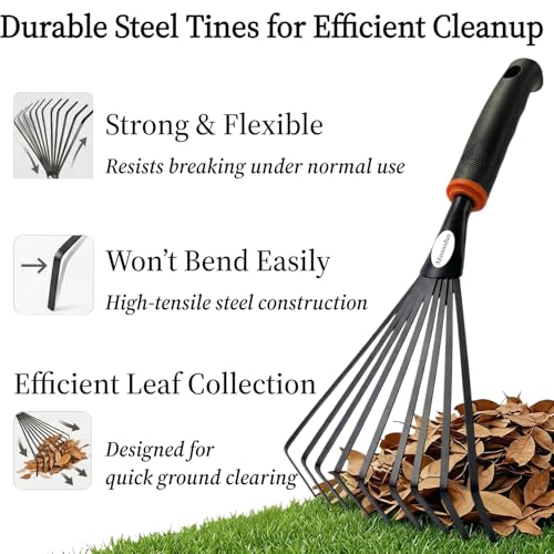 2 Pack Small Hand Rake for Gardening, Mini Leaf & Shrub Rake with Durable Steel Tines, Ergonomic Non-Slip Handle for Flower Beds, Lawn, Leaves & Yard Cleanup