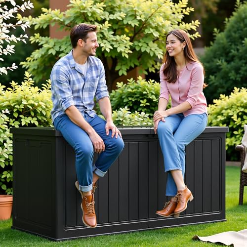 Flamaker Resin Deck Box 270 Gallon, XXL Waterproof Storage Box with Divider - color: Black, size: 270 Gallon