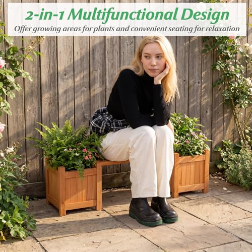 HAPPYGRILL Outdoor Bench with 2 Raised Garden Beds - size: 42" x 11" x 11.5"