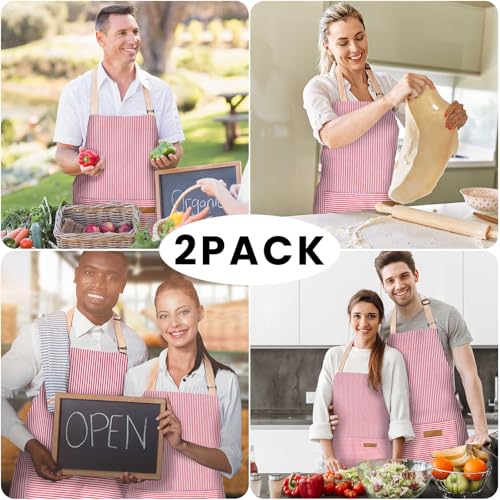 BeLuyi 2 Pack Adjustable Bib Apron with 2 Pockets Chef Cooking Kitchen Restaurant Aprons for Women Men - color: Red Pinstripes