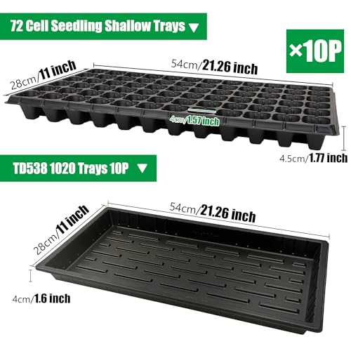 RooTrimmer 10 Pack 1020 Seed Starter Trays and 10 Pcs 72 Cell Plug Trays, Thick Durable Seedling Plastic Nursery Tray for TD538 1020 Tray Germination (10 Sets) - size: 72 Cells-shallow