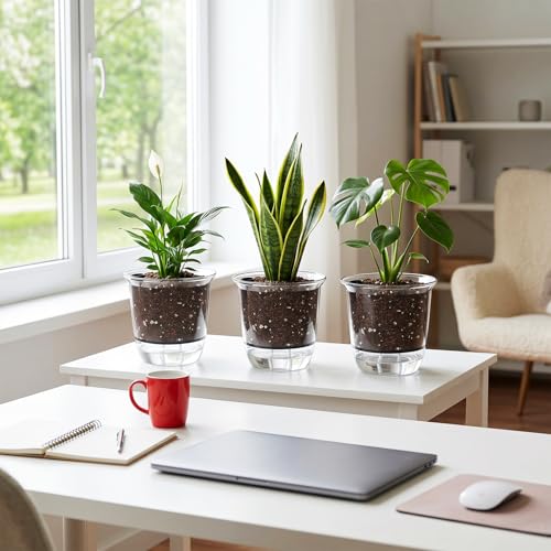 Self Watering Pots Set, Clear Self Planter Pot for Indoor Plants - size: Round, 5Pcs Large