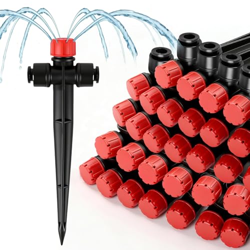 20 Pack Quick Connect Two-Way Drip Emitters with Stake for 1/4" Irrigation Tubing, Adjustable 360 Degree Water Flow Irrigation Sprayer On 5" Stake Garden Irrigation Dripper for Watering System - color: Double Head Push Stream-20P