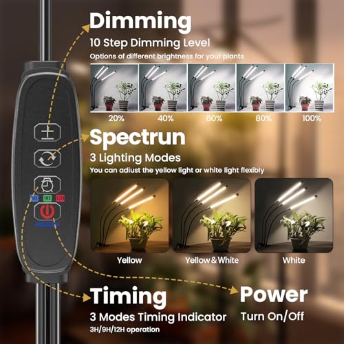 Plant Light Grow Light for Indoor Plants 2 Pack, Full Spectrum Indoor Grow Lamp, 10-Level Dimmable and Auto ON & Off Timer - color: Yellow&White(3 Tubes 2 Pack)