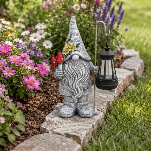 Garden Gnome with Solar Lantern: Outdoor Weatherproof Statue - color: Gnome