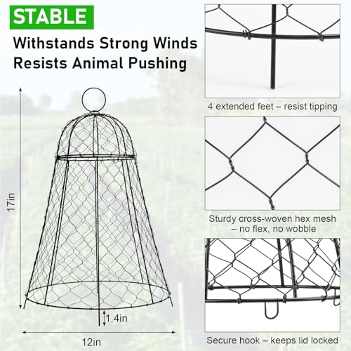 Garden Cloches for Plants 9 Pack - Chicken Wire Outdoor Plant Protectors from Animals - Heavy-Duty Metal Cage with Detachable Lid - Rustproof Covers - 12"D × 17"H - Blocks Rabbits, Squirrels & Birds - size: 9 Pack
