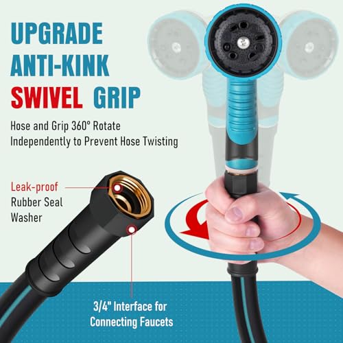 Garden Hose 100 ft x 5/8" with Nozzle, Water Hose Heavy Duty Flexible, Lightweight Kink-less Hybrid Hose with Swivel Handle, Male to Female Fittings (Blue, 100FT) - color: Blue, size: 100ft