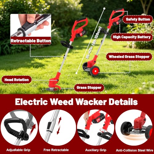 21V Cordless Weed Wacker with 2 Batteries & Wheels, Battery Powered Weed Eater, Electric String Trimmer, Grass Trimmer & Lawn Edger 4-in-1, Lightweight Weed Trimmer for Lawn Garden