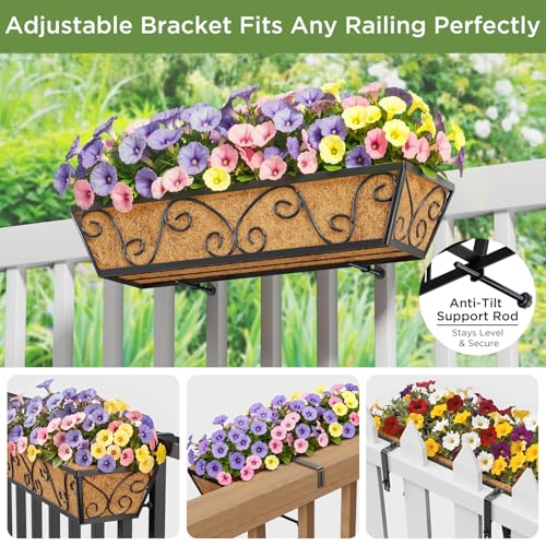 Y&M 24 Inch Window Deck with Coco Liner, Fence Metal Hanging Flower Planter Window Basket Deck Railing Planter Boxes for Outdoor Garden Lawn-Butterfly, 2pcs - size: Butterfly 24in 2p