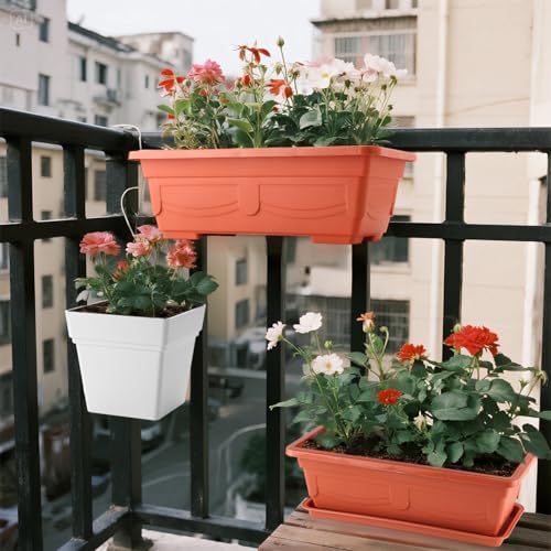 2-Pack 17" Window Box Planters & 4-Pack 7" Square Pots, 4p Square Planters with Built-in Drainage & Stopper, 2p Rectangular Flower Boxes, Heavy-duty Flower Pots BPA-Free for Indoor Outdoor Gardening