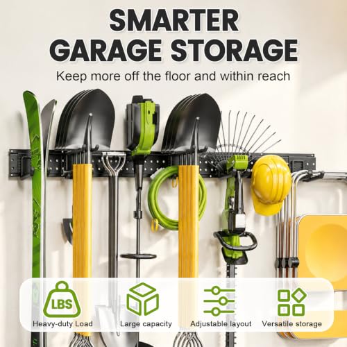 Garage Tool Organizer Wall Mount, 49.5 Inch Heavy Duty Garage Organization System with 10 Adjustable Hooks, Garden Tool Storage Rack for Garage, Yard & Shed, Holds Up to 400 lbs - size: 49.5" | 3 Panels + 10 Hooks