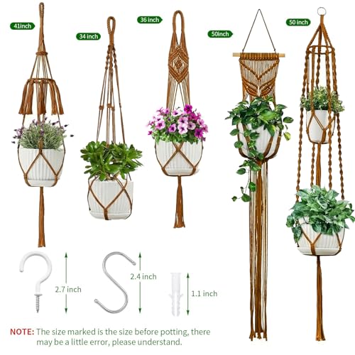Macrame Plant Hangers 5Pack, Handmade Cotton Rope Hanging Planters - color: Caramel