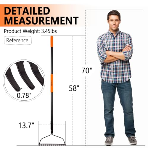 Garden Rake for Lawn Heavy Duty, 14 Tines Metal Rake with Thick Fiberglass Handle, 58 Inches