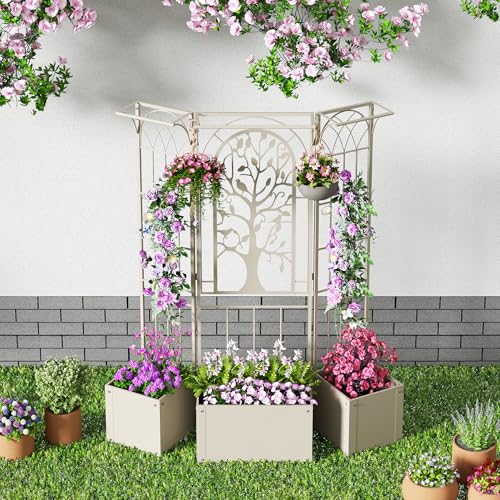 Metal Planter Box with Trellis, Outdoor Raised Garden Bed, Beige - color: Beige