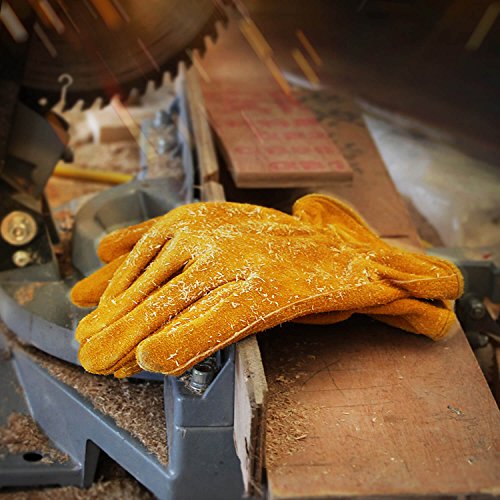 OZERO Leather Work Gloves, Gardening Gloves, Cowhide, Mesh Lining, 1Pair, M - color: Gold With Mesh Linning (1 Pair), size: Medium