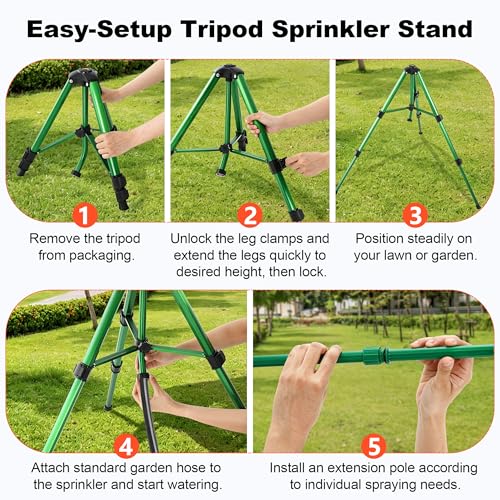 Oscillating Sprinkler Head on Telescoping Tripod Base with 2 Sprinkler Extensions, Heavy Duty Lawn Sprinklers, 360° Large Area Irrigation, Solid Metal Extension Legs & Skidproof Design - style: Oscillating Sprinkler Head