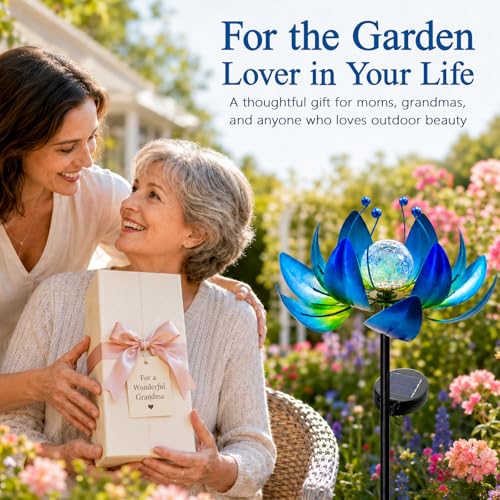 Solar Wind Spinners for Yard and Garden, Color-Changing Metal Lotus Flower - color: Blue