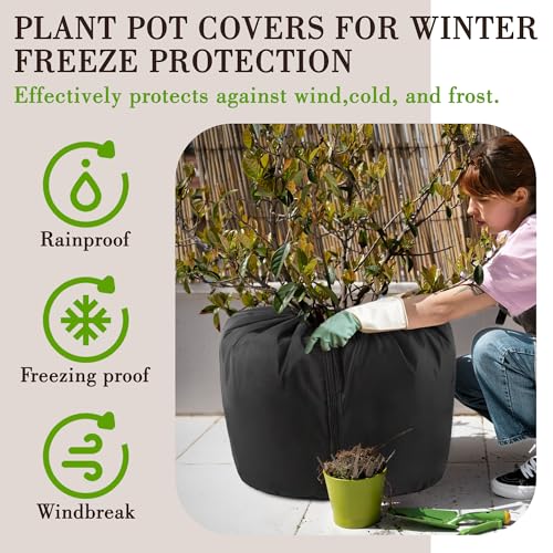 UNIFAMILY 2Pack Plant Pot Covers for Winter Freeze Protection with Drawstring and Zipper, 25.6x19.6IN Winter Plant Covers Freeze Protection Pot, Plants Frost Protect Bags for Keeping Warm((Black-L) - size: Black-L-25.6x19.6IN