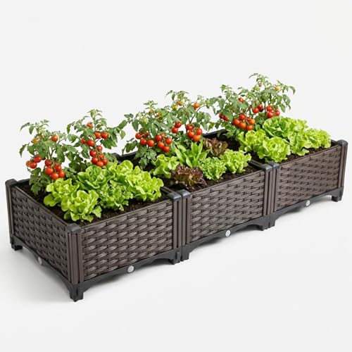 3 Planter Boxes Rectangular Raised Garden Bed Kit Indoor Outdoor Plastic Planter Grow Box for Fresh Vegetables, Herbs, Flowers & Succulents, Brown, 46.4'' X 15.7'' X 8.46''