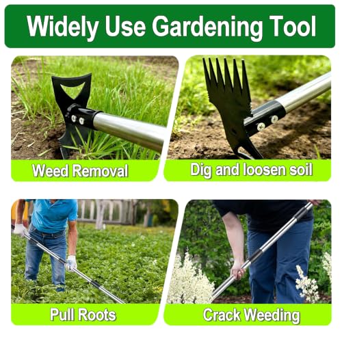 Stand Up Weed Puller Tool 2 in 1 Heavy Duty Manual Weeder & Garden Hoe, 4-Claw Steel Head Weed Remover with Gloves for Yard Lawn Patio Flower Bed