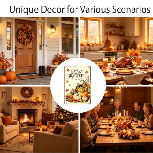 Gather With Gratitude Thanksgiving Metal Sign Harvest Wall Decor 8x12 Inch - color: Gather With Gratitude
