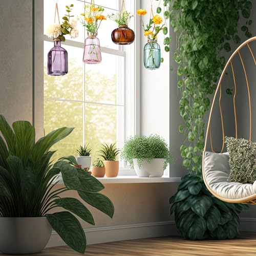 Wonderjune 4 Pcs Stained Glass Hanging Vases Hanging Glass Planters Small Plant Terrarium Pot Containers with Rope for Garden Home Indoor Outdoor Decor, 4 Styles (Fashionable) - style: Fashionable