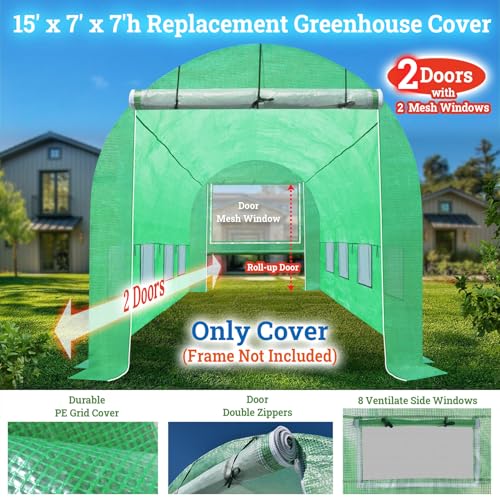 BenefitUSA Greenhouse Replacement PE Cover ONLY for Walk-in Greenhouse 2 Zipper Doors Air Ventilation, Frame NOT Included (15'x7'x7', Green) - size: 15'x7'x7', Green