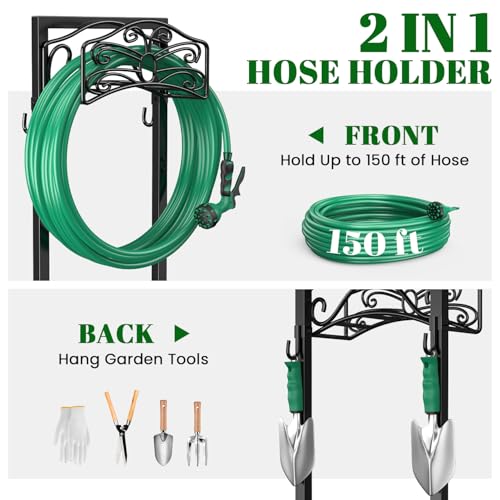 Sunvigor Freestanding Garden Hose Holder Stand, Heavy Duty Hose Reel Alternative with 2 Tool Hooks, Holds 150FT Water Hose, 4-Spike Stable Base, No-Drill Hose Storage for Outside Yard Lawn Garden - color: Black-butterfly Style With Hooks