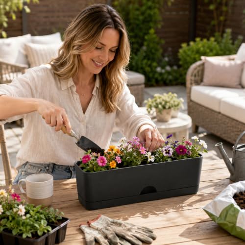 6 Pack Rectangle Planter 16x4.4 Inch Window Boxes Planters Rectangular Window Sill Planters Indoor Self Watering Plant Pots with Drainage Holes and Saucers Succulent Herb Flower Pots, Black - color: Black