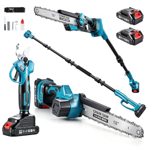 10 Inch Pole Saw with Telescopic High Branch Pole, Pruning Shear Scissors & 2x 4000mAh Batteries - Cordless Extendable Tree Trimmer Branch Cutter for High Limb Trimming