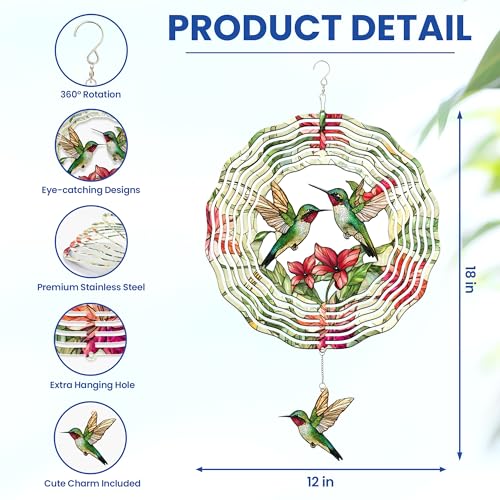 FLAGWIX Hummingbird Wind Spinner, 12 in Stainless Steel Garden Decor - color: Hummingbirds and Flowers