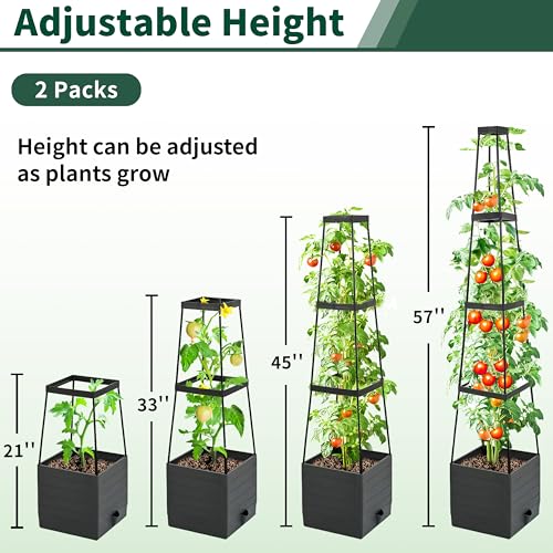 Tomato Planter with Trellis, 57 Inch Self-Watering Planter Box 2-Pack, Grey Planter with Metal Support for Outdoor Indoor Climbing Plants - size: Trapezoid