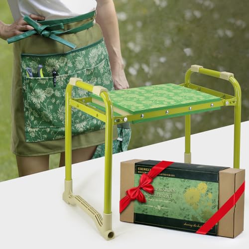 Colwelt Garden Stool and Kneeler Set, Garden Seat and Kneeler Heavy Duty with 10" Wide Soft Kneeling Pad, Non-Slip Garden Bench for Kneeling and Sitting with Elegant Apron, Gardening Gifts for Women