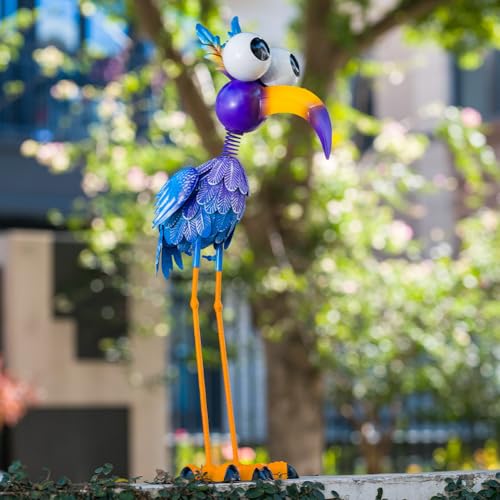 27“ Metal Purple Big-Eyed Bird Statue Garden Decor - color: Blue Flamingo