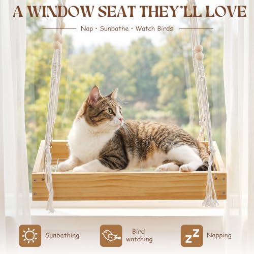 Novabright 1 Pcs Window Hanging Plant Shelf with Macrame Adjustable Rope, 16" Large Wooden Plant Hanger Indoor with Metal Frame, Load 50lb, Suit for Window Ceiling Wall Mount Boho Decor