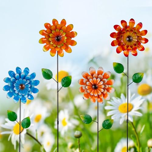 4 Pcs Wind Spinners Outdoor, Small Metal Flower Windmill - size: 4 Pack-26x5