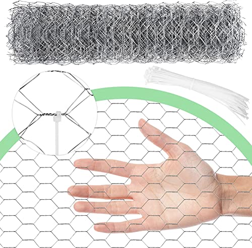 Chicken Wire 15.7 in x 590.5 in Poultry Wire Netting Hexagonal Galvanized Mesh Garden Fence Barrier for Pet Rabbit Chicken Fencing with 100 Pcs Cable Zip Ties - color: Silver, size: 15.7"x590.5"+100Ties
