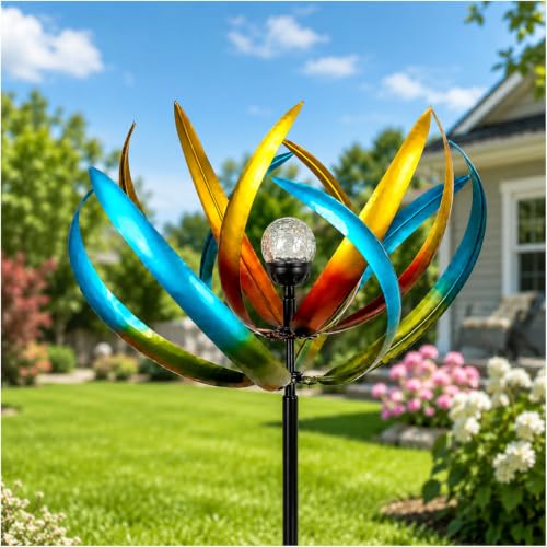 83-Inch Solar Wind Spinner Outdoor Metal, Kinetic Yard Art with Glass Globe - color: 83" Tulip