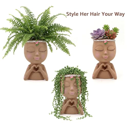 Face Planter Pot with Heart Hands Indoor Plants Resin Head Planter, Brown - color: Brown