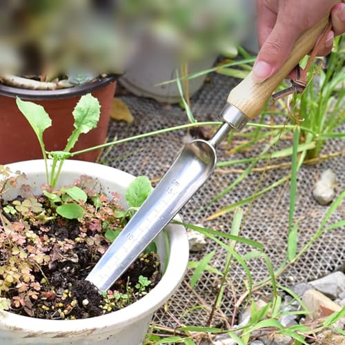Stainless Steel Handheld Garden Trowel Seed Planting Shovel Long Narrow Gardening Trowel Small Weeding Digging Shovel with Graduation and Wood Handle for Repotting