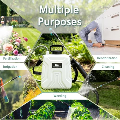 2 Gallon Battery Powered Sprayer, 2000mAh Electric Power White Continuous Battery Operated misting Retractable Long-Reach Metal Wand 5 Multi-Pattern Water attachments - color: White/2 Gallon