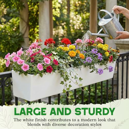 2 Pack Hanging Wall Planter Boxes 40" Large White Rectangular Flower Box with Window Bracket Self Watering System Railing Planter Outdoor Plant Pot Container Deck Rail Fence Balcony