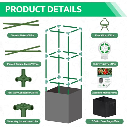 WLLEYAY 3 Pack 46'' Square Tomato Cages with 17 Gallon Grow Bags