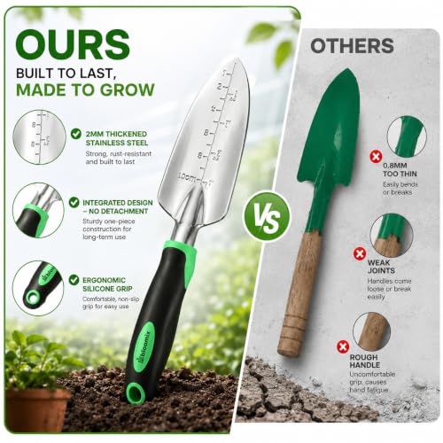 Bloomix Set of 3 Stainless Steel Gardening Tool Set – Hand Cultivator, Transplanter & Trowel with Soft-Grip Ergonomic Handles – Durable Garden Kit for Digging, Planting and Soil Care Green & Silver - color: Green & Silver