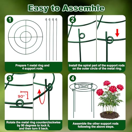 5 Pack Metal Peony Cages and Supports with 20 Plant Twist Clip Ties, Plant Support Stakes for Indoor Outdoor Plants, Tall Plant Holder Stick Kit, Plant Support Ring for Peony, Rose,Tomato, Hydrangea