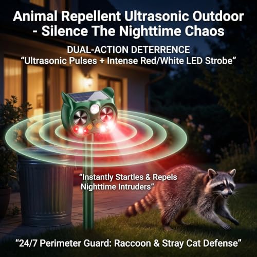 2Pack Upgraded Deer Repellent Devices Solar Ultrasonic Animal Repellent Outdoor with Motion Sensor Strobe Light for Squirrel Raccoon Rabbit Cat Bird Volume Control Keep Pests Out of Yard Farm
