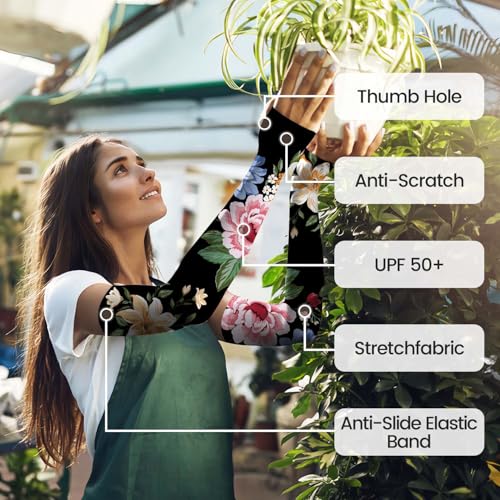 YPHCDO Gardening Sleeves for Women Sun Protection Cooling Arm Sleeves - color: Black Flower